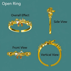 Adjustable golden bow ring with red and white cubic zirconia in multi-angle view