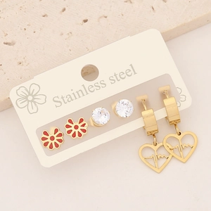 Three-pair stainless steel earring set with red flowers, zircons, and gold heart drops