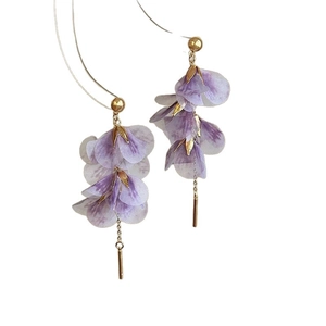 Elegant purple chiffon fabric flower tassel earrings with gold-tone drop chain on white background