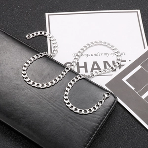 Detail of silver Cuban link chain jewelry resting on a black leather wallet texture
