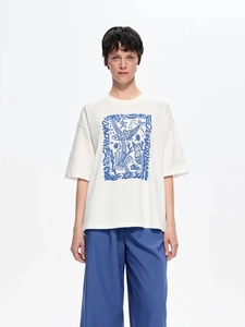 Γυναικείο λευκό βαμβακερό oversized T-shirt με μπλε γραφικό τύπωμα ωκεανού