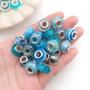 Blue and turquoise large hole resin beads with metallic details for DIY jewelry bracelets
