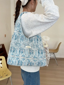 Blue lace shoulder bag for women with white floral embroidery and canvas strap