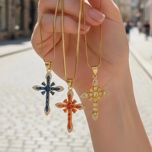 Luxurious 18K gold plated cross pendant necklace with colorful micro-inlaid zircon stones