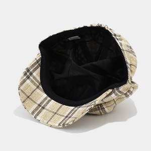 Casquette gavroche respirante à carreaux beige en tweed avec doublure intérieure