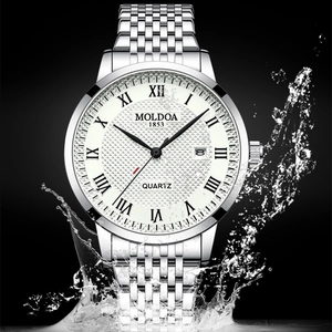 Waterproof silver quartz men's watch with white roman numeral dial and steel strap
