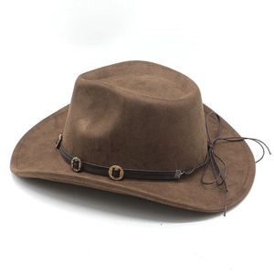 Brown suede Western cowboy hat with leather band and metal buckle in side 45-degree view