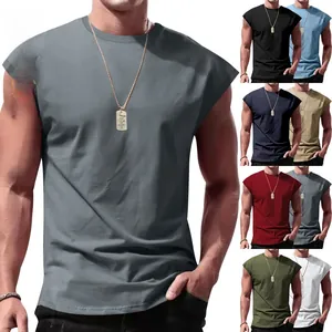 Mens casual sleeveless t-shirt collection showing nine different color options