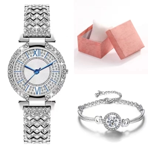 Vue détaillée du coffret cadeau montre et bracelet de luxe sertis de strass pour femme