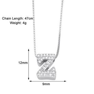 Detail showing letter Z pendant dimensions 12mm by 9mm with 47cm chain length and 4g weight