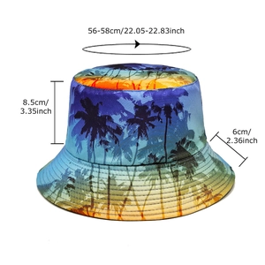 Unisex tropical palm tree print bucket hat for sun protection with dimensions listed