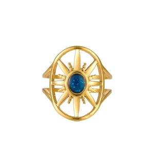 Gold hollow sun ring with navy blue glitter gemstone and vintage aesthetic design
