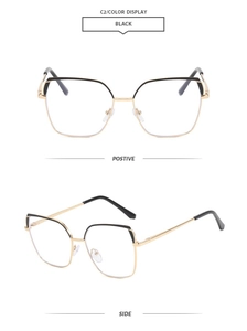 Front and side view of dual-color cat-eye metal glasses frame in black and gold