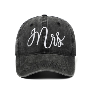 Vintage washed black baseball cap with white Mrs. embroidery for a retro distressed look