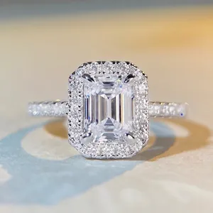 Emerald Cut Halo Ring 925 Sterling Silver Cubic Zirconia Elegant Rectangular Sparkly Engagement Jewelry For Women