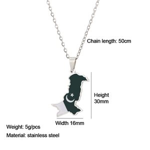 Detailed dimensions of stainless steel Pakistan map pendant necklace with flag colors