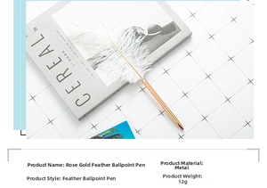 Rose gold metal ballpoint pen with white feather quill on white grid and magazine