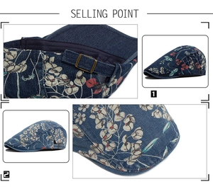 Detail of blue denim beret with floral print and adjustable bronze metal buckle side view