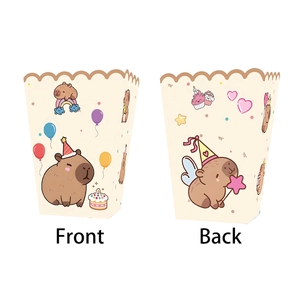 Front and back view of Capybara party popcorn boxes with cute cartoon animal patterns