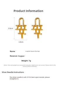 Detail view of irregular geometric gold earrings with dimensions 3.9cm x 1.6cm