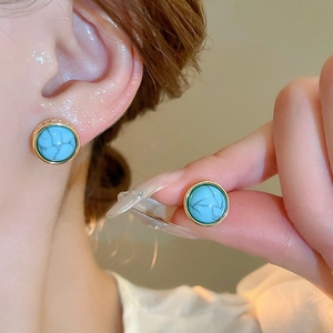 Vintage round faux turquoise stud earrings with gold metal frame for women