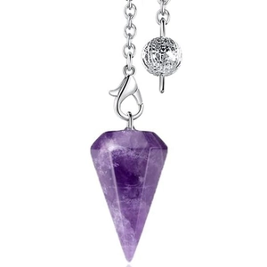 Detailed view of faceted amethyst hexagonal prism crystal pendant with hollow silver bead