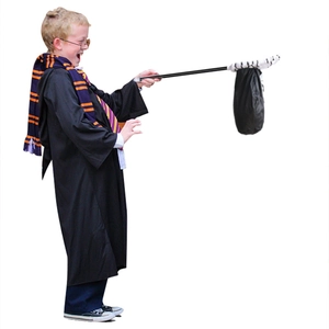 Wizard cosplay costume set for kids including black cloak, wand, glasses, and striped scarf