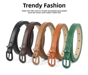 Detailed set of five minimalist leather belts in black, brown, tan, orange, and green colors