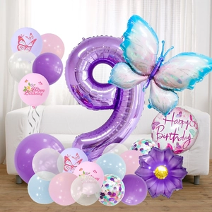 Purple butterfly balloon arch set with number 9 and flower foils for 9th birthday decor