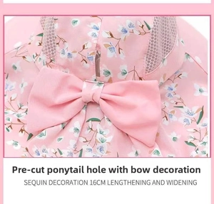 Pink floral sun hat detail showing ponytail hole, bow decoration and wide 16cm brim