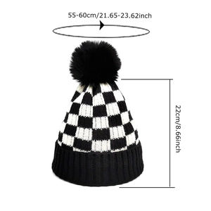 Checkerboard knit beanie with pompom showing 55-60cm head circumference size specs