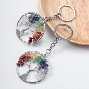 Tree of Life keychain with natural colorful crystal stones and stainless steel ring
