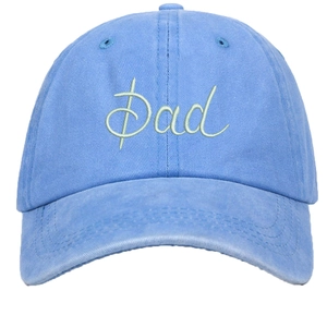 Detailed close-up of 3D Dad embroidery on light blue washed cotton baseball cap