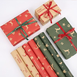 Christmas kraft wrapping paper rolls with festive deer patterns and ribbons set