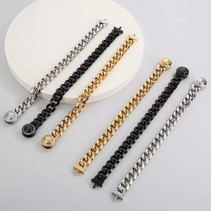 Men Titanium Steel Cuban Link Bracelet Fashion Punk Geometric Heavy Metal Jewelry Rhinestone Circular Clasp