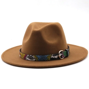Detail of wool fedora hat featuring a vibrant snakeskin band with a gold buckle