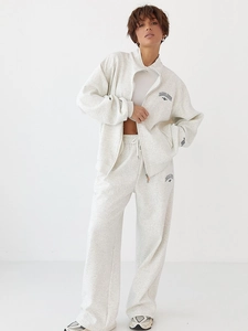 Women's oatmeal two-piece streetwear set with zip sweatshirt and straight-leg joggers