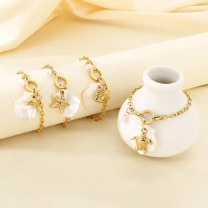 Stainless Steel Ocean Charm Bracelet Gold Tone With Shell Artificial Pearl Sea Turtle Dolphin Sea Star Beach Vacation Jewelry For Women