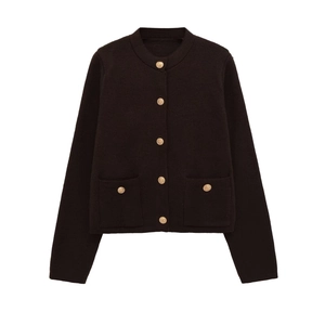 Women's knit cardigan in dark coffee with elegant golden buttons and ribbed edges