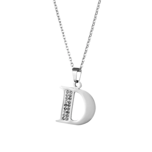 Collana in acciaio inossidabile lucido con un ciondolo a lettera D con cristalli
