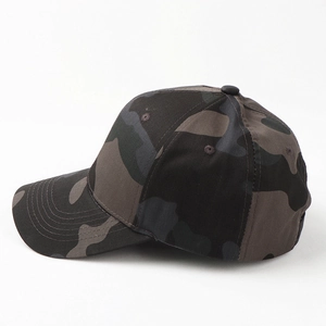 Side view of dark camouflage cotton baseball cap showing detailed stitching and fabric
