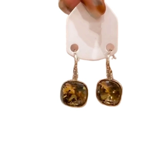 Brown square zircon drop earrings with gold textured hooks for daily casual wear