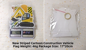 Construction party banner set in packaging weighing 46g with size 17x20cm on scale
