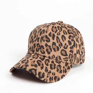 Detailed close-up of leopard print baseball cap featuring high-density twill cotton fabric