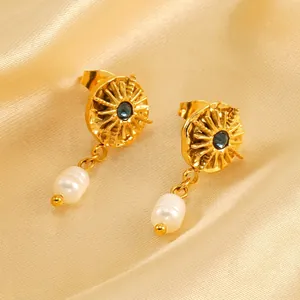 Vintage Sunburst Round Disk Drop Earrings 18K Gold Plated Stainless Steel With Blue Rhinestone White Artificial Pearl For Women