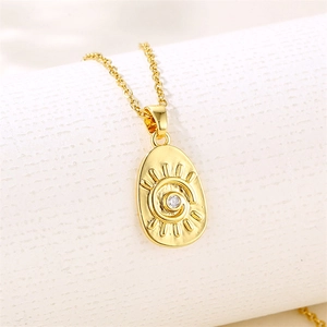 Evil Eye Sun Pendant Necklace 18K Gold Plated Titanium Steel With Zircon Oval Sunray Charm Jewelry For Women
