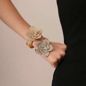 Flower Cuff Bracelet Sparkling Rhinestone Alloy Dimensional Layered Floral Statement Bangle For Women Chic Jewelry