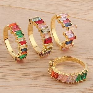 Rainbow Eternity Ring Brass Gold Plated Multi Color Baguette Cut Zircon Geometric Statement Band For Women