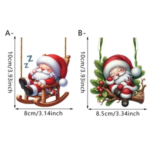 Cute sleeping Santa Claus hanging ornaments on pine branches and rocking chair decor