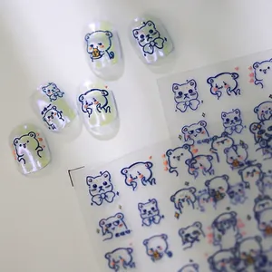 Nail Art Stickers 3D Embossed Self Adhesive Cute Cartoon Bear Blue Outline Design Manicure Decals DIY Decoration